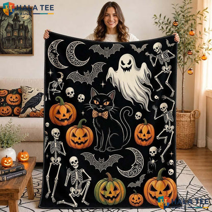 Funny Black Cat Halloween Blanket Spooky Witch Pumpkin Cozy Throw