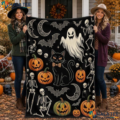 Funny Black Cat Halloween Blanket Spooky Witch Pumpkin Cozy Throw