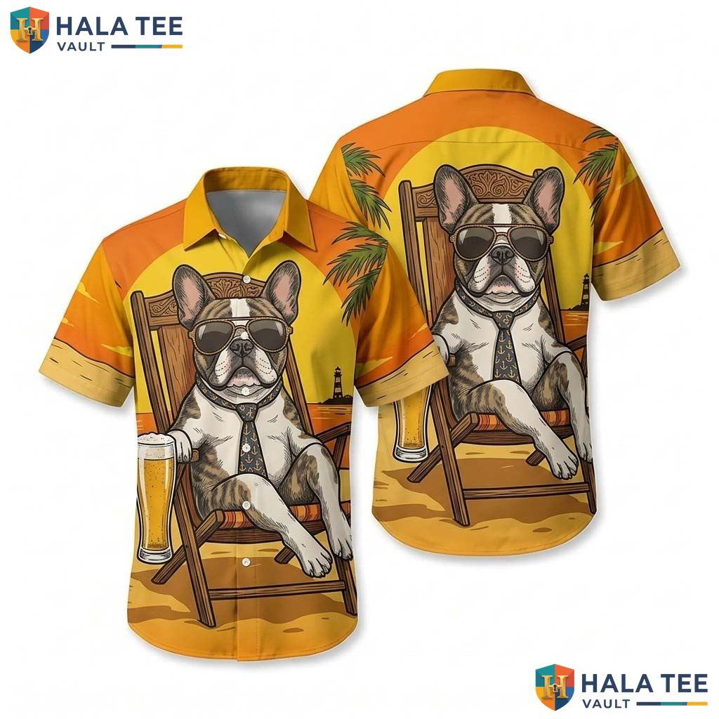 Funny Bulldog Beach Hawaiian Shirt Vibrant Cartoon Dog Graphic Casual Top