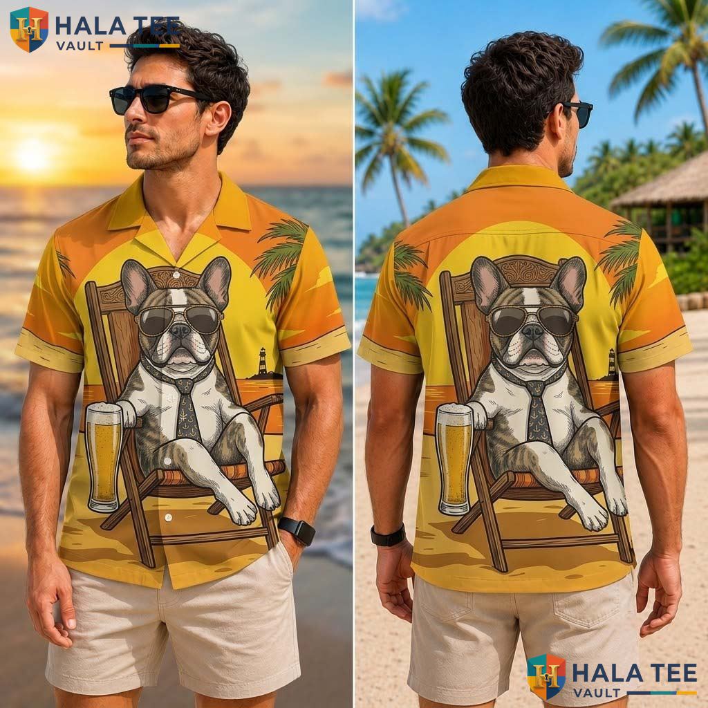 Funny Bulldog Beach Tropical Shirt Vibrant Cartoon Dog Graphic Casual Top