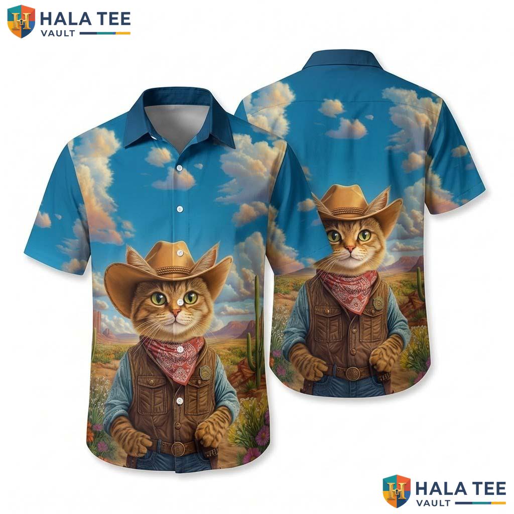 Funny Cat Cowboy Hawaiian Shirt Sky Blue Mens Short Sleeve Button Down Top