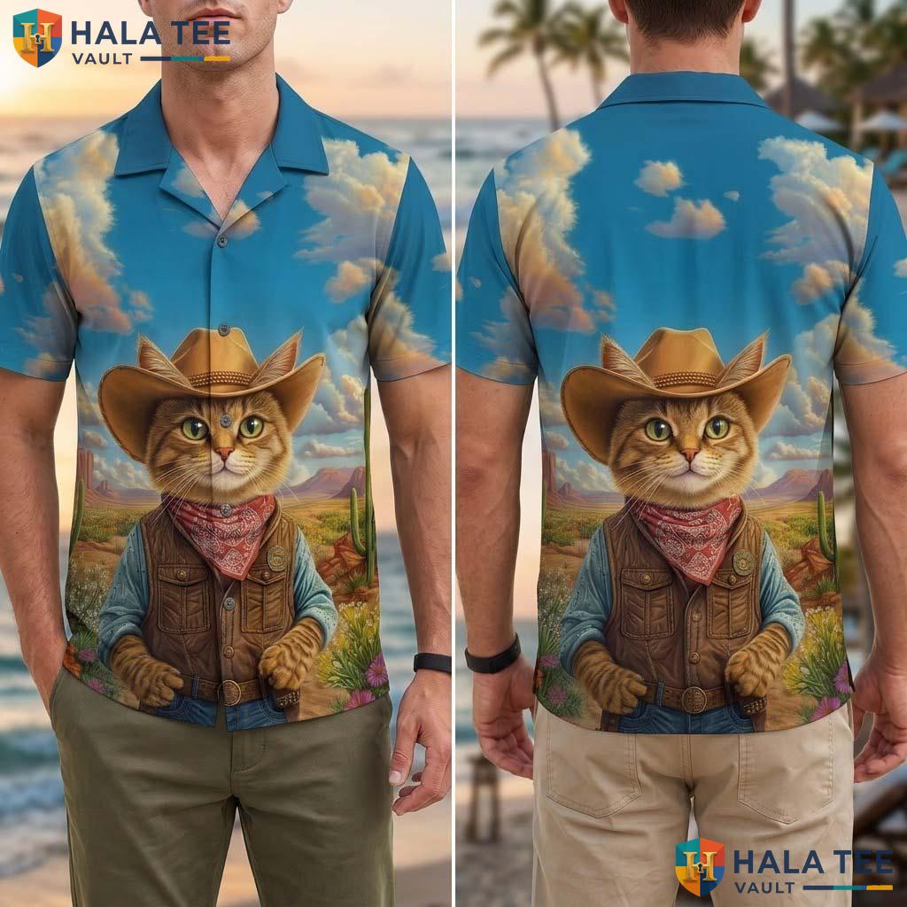 Funny Cat Cowboy Hawaiian Shirt Sky Blue Mens Short Sleeve Button Down Top Adult
