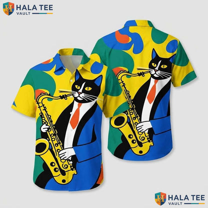 Funny Cat Saxophone Hawaiian Shirt Black Cat In Suit Tie Vibrant Party Top