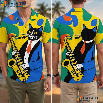 Funny Cat Saxophone Tropical Shirt Black Cat In Suit Tie Vibrant Party Top