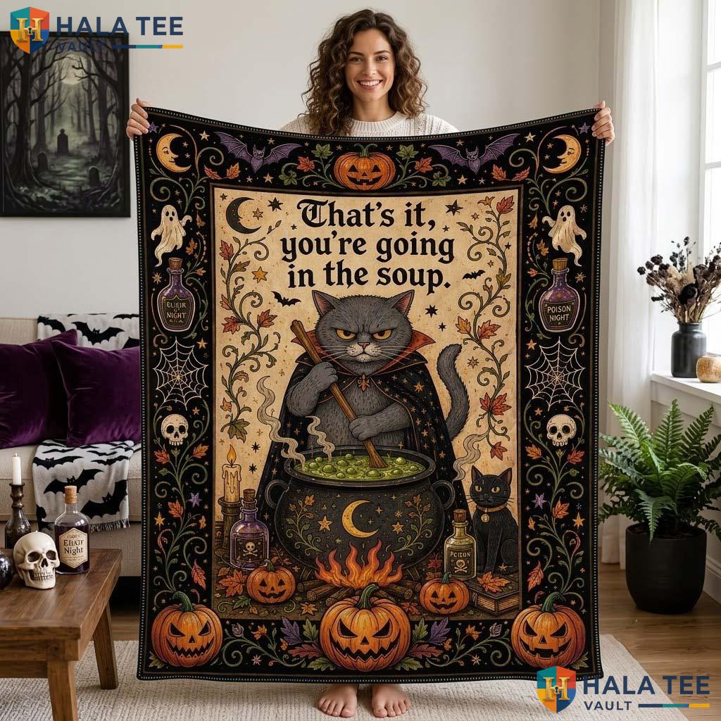 Funny Cat Witch Halloween Blanket Spooky Quilt Mischievous Gray Cat