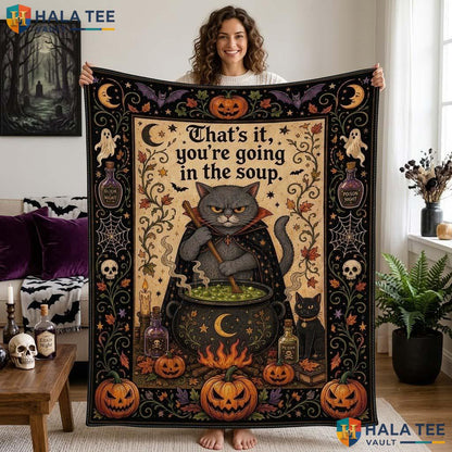 Funny Cat Witch Halloween Blanket Spooky Quilt Mischievous Gray Cat