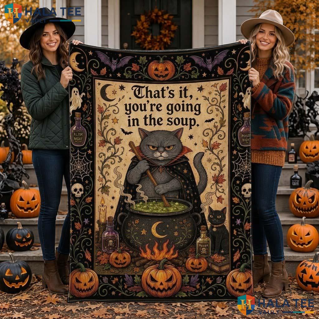 Funny Cat Witch Halloween Blanket Spooky Quilt Mischievous Gray Cat