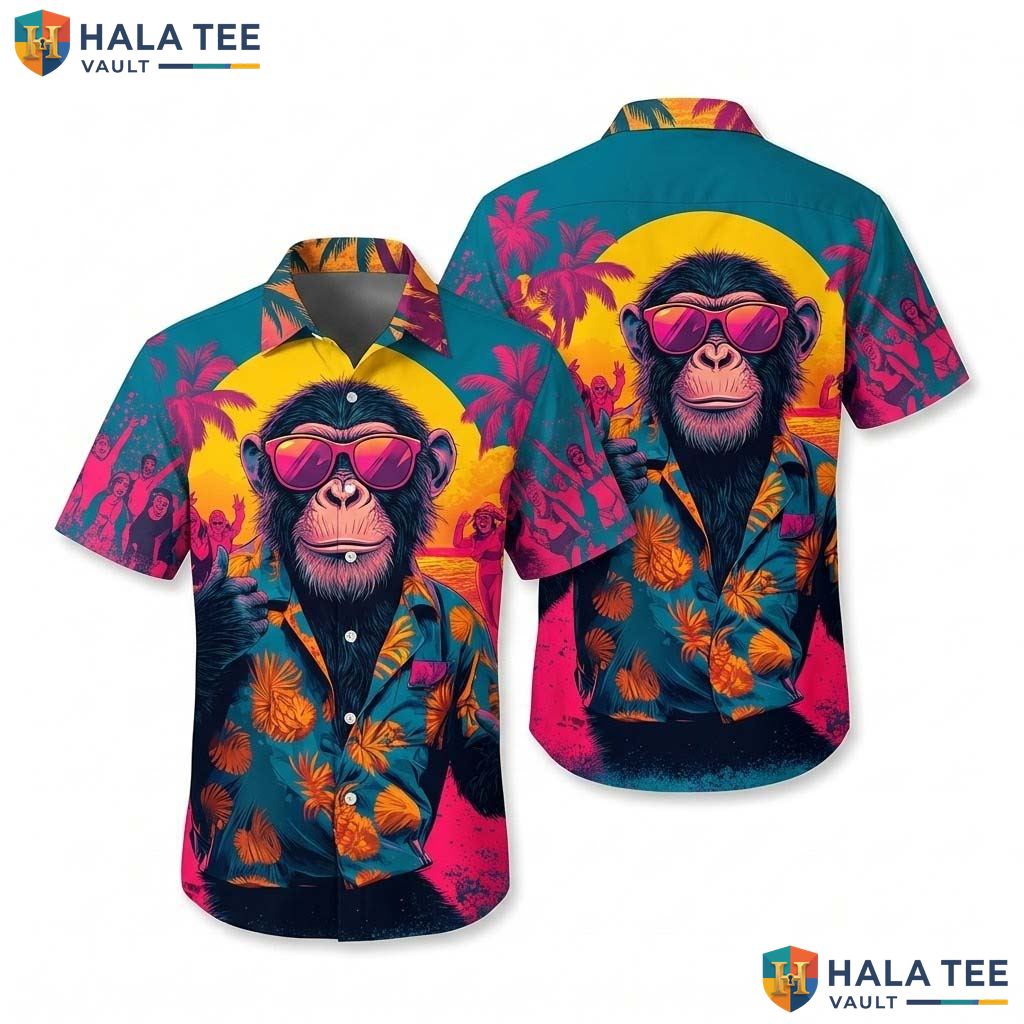 Funny Chimpanzee Summer Hawaiian Shirt Vibrant Tropical Casual Button Down Top