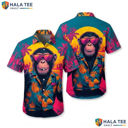 Funny Chimpanzee Summer Hawaiian Shirt Vibrant Tropical Casual Button Down Top