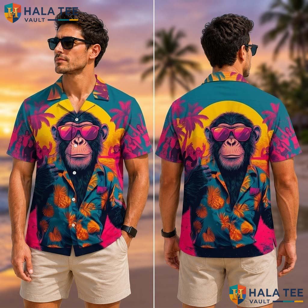 Funny Chimpanzee Summer Tropical Shirt Vibrant Tropical Casual Button Down Top