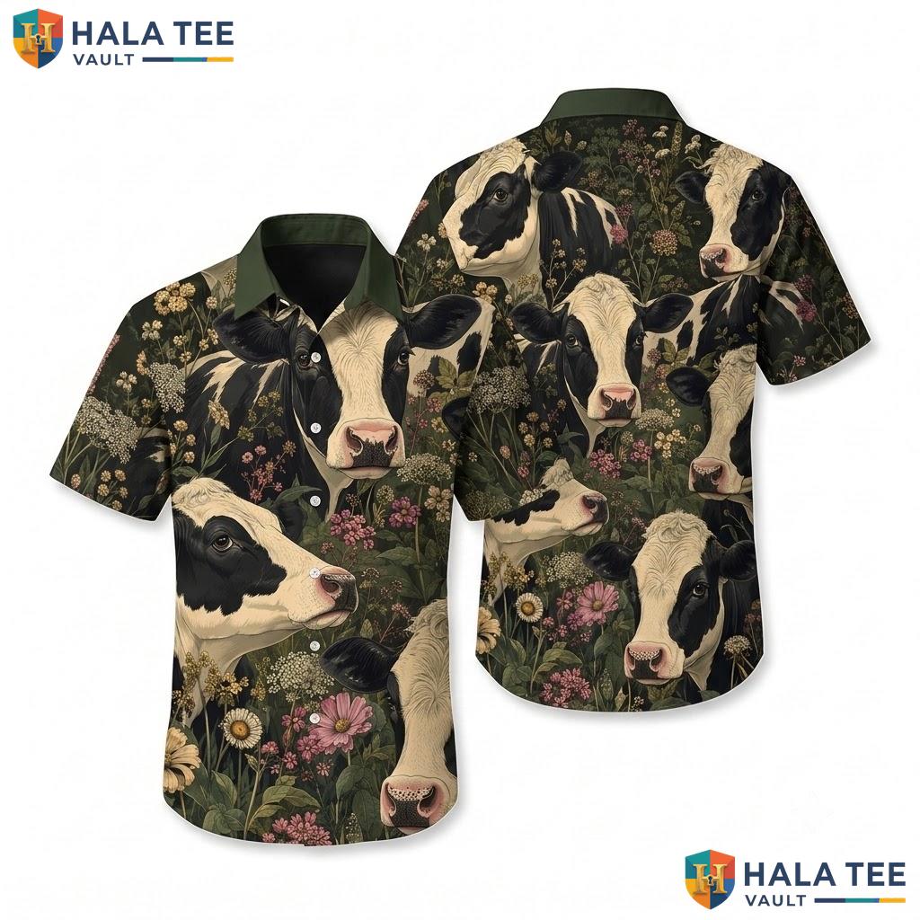 Funny Cow Head Hawaiian Shirt Vibrant Floral Holstein Mens Button Down