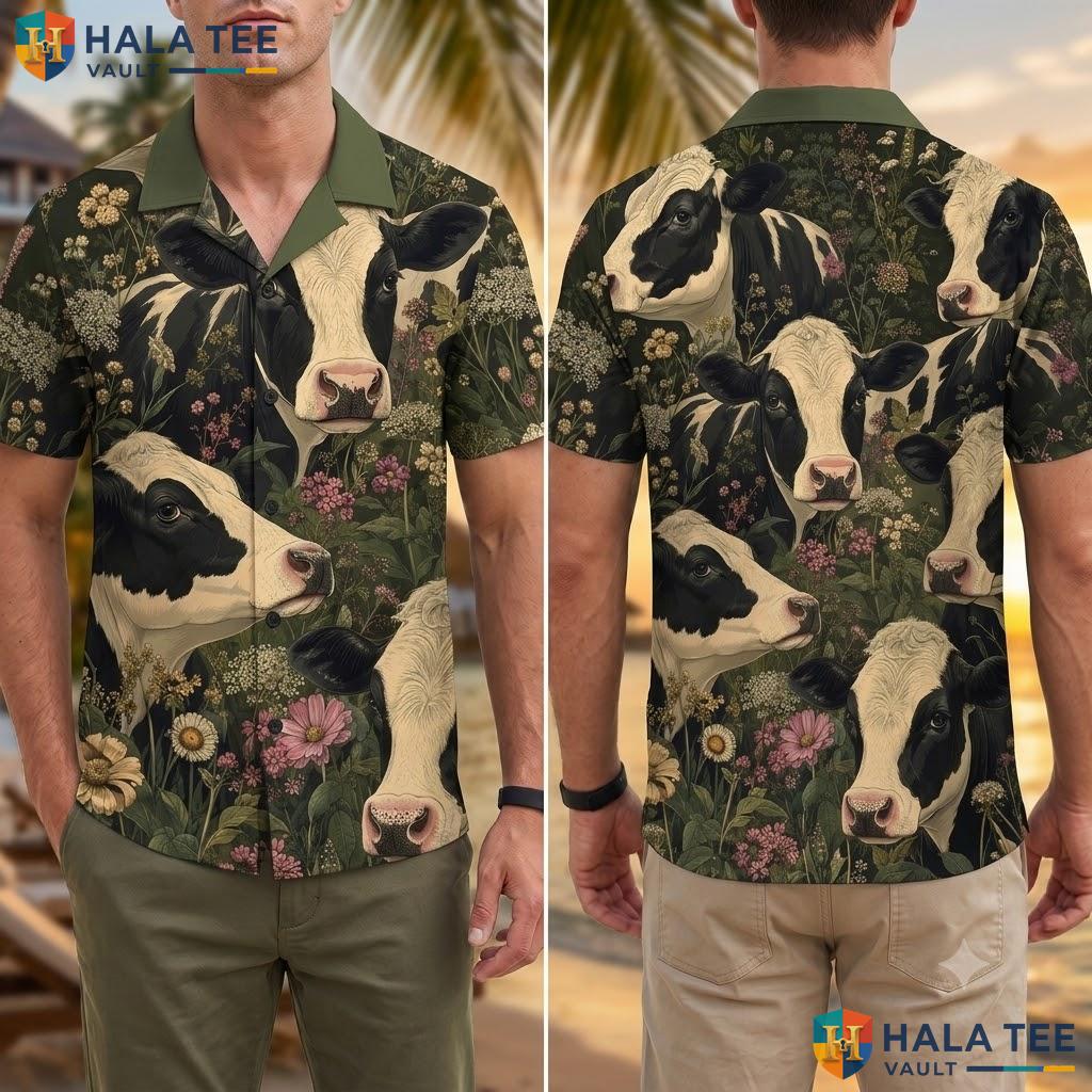 Funny Cow Head Hawaiian Shirt Vibrant Floral Holstein Mens Button Down Adult