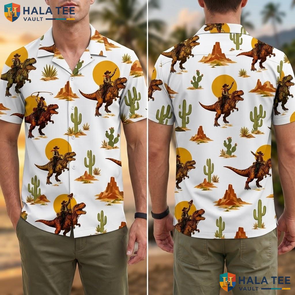 Funny Cowboy Dinosaur Hawaiian Shirt Whimsical T Rex Cacti Summer Beach Top Adult