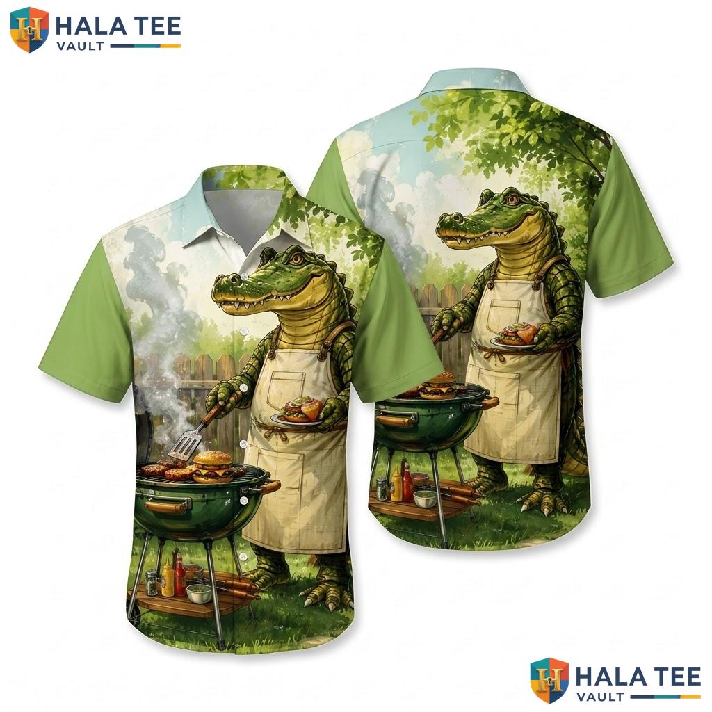 Funny Crocodile Chef Hawaiian Shirt Vibrant Graphic Print Beach Vacation