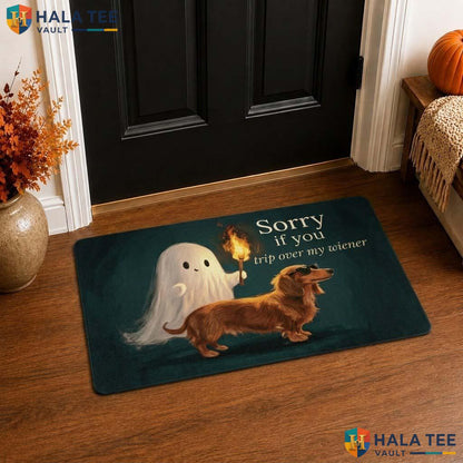 Funny Dachshund Fall Front door mat Ghost Humorous Message Entrance Welcome Rug