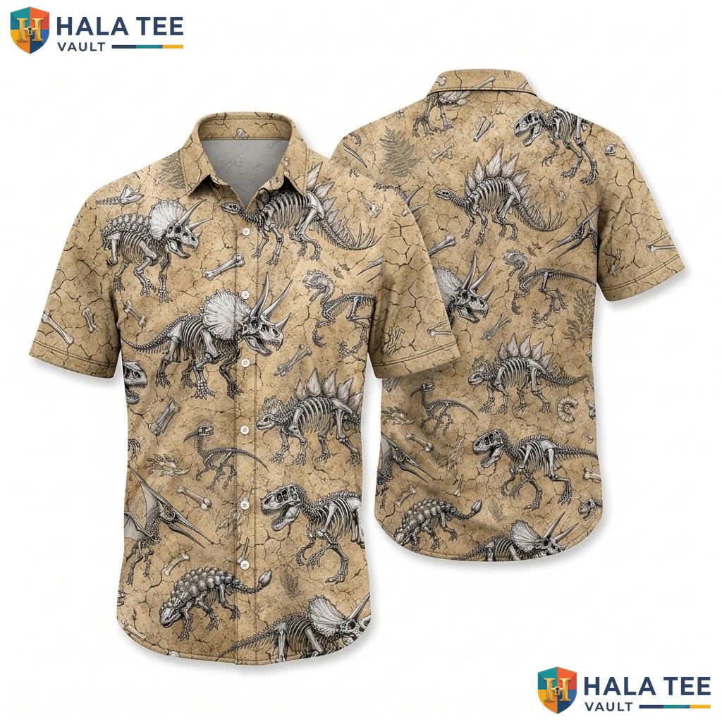 Funny Dinosaur Aloha Shirt Mens Detailed Illustration Summer Button Down
