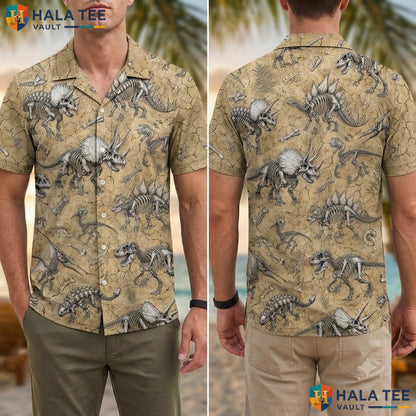 Funny Dinosaur Aloha Shirt Mens Detailed Illustration Summer Button Down Adult