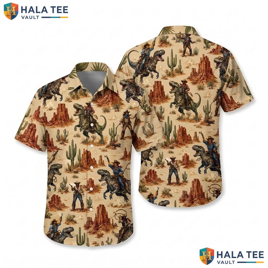 Funny Dinosaur Cowboy Aloha Shirt Whimsical Desert Short Sleeve Summer Top