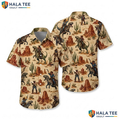 Funny Dinosaur Cowboy Aloha Shirt Whimsical Desert Short Sleeve Summer Top