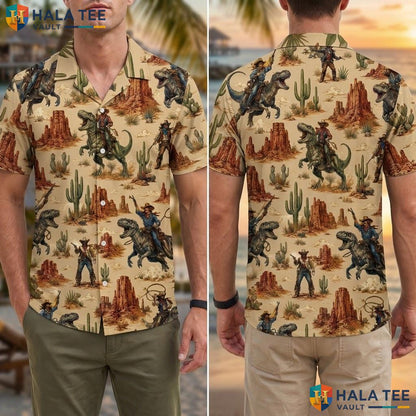 Funny Dinosaur Cowboy Aloha Shirt Whimsical Desert Short Sleeve Summer Top Adult