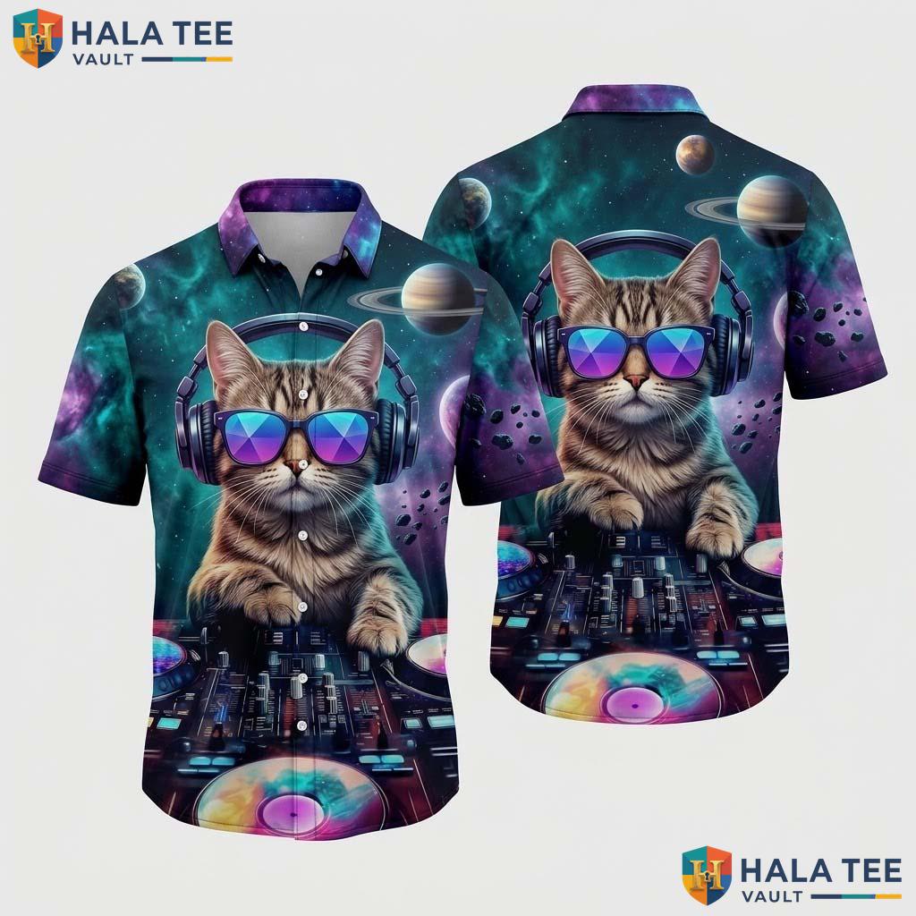 Funny Dj Cat Aloha Shirt Vibrant Cosmic Cat Graphic Short Sleeve Button Up