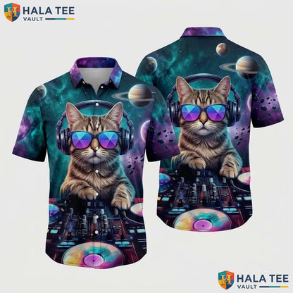 Funny Dj Cat Aloha Shirt Vibrant Cosmic Cat Graphic Short Sleeve Button Up