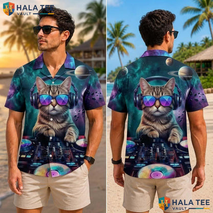 Funny Dj Cat Tropical Shirt Vibrant Cosmic Cat Graphic Short Sleeve Button Up