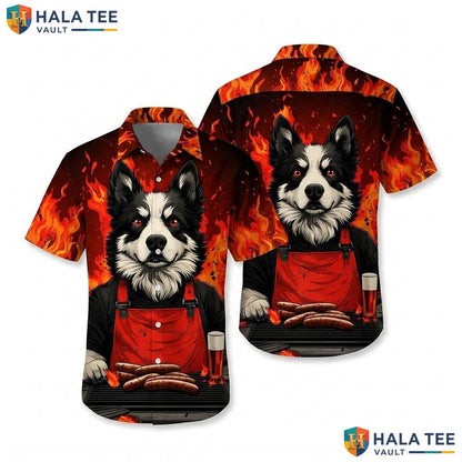 Funny Dog Barbecue Hawaiian Shirt Black White Apron Flame Beach Button Up