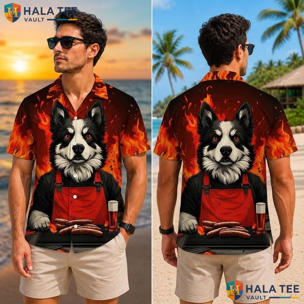 Funny Dog Barbecue Tropical Shirt Black White Apron Flame Beach Button Up