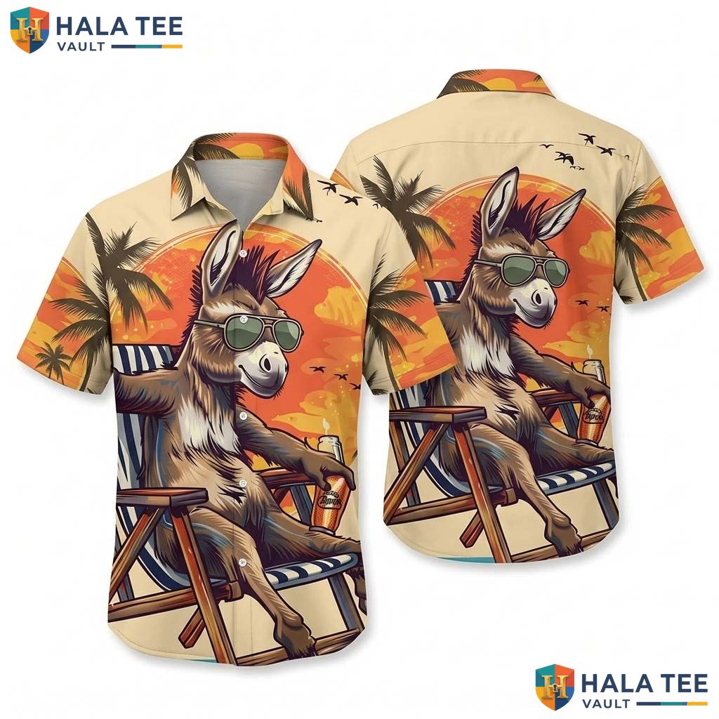 Funny Donkey Hawaiian Shirt Tropical Sunset Mens Casual Summer Button Down