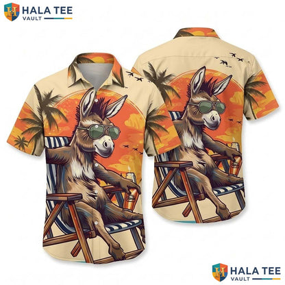 Funny Donkey Hawaiian Shirt Tropical Sunset Mens Casual Summer Button Down