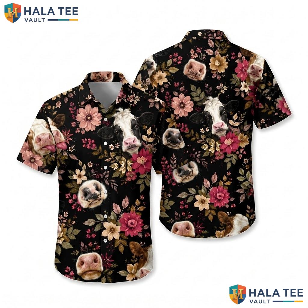 Funny Farm Cow Animal Hawaiian Shirt Tropical Floral Vibrant Button Down