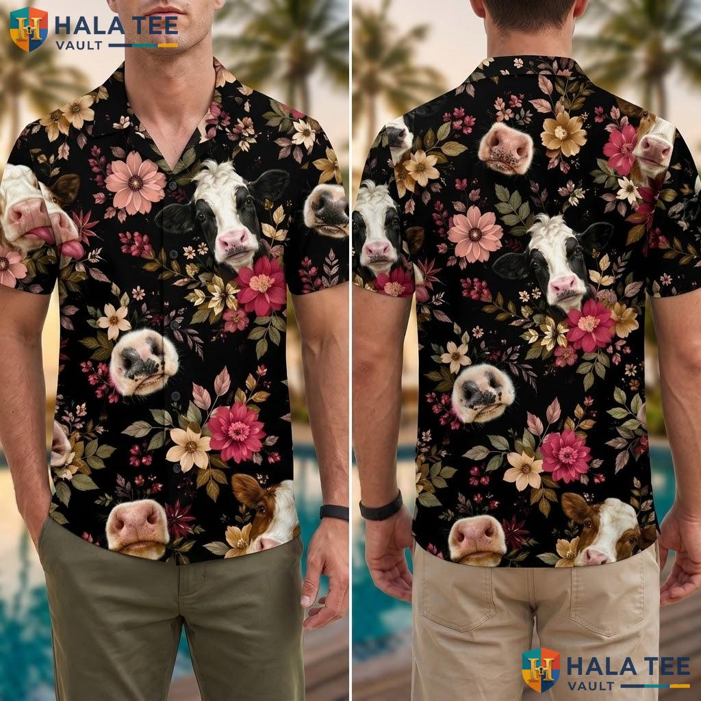 Funny Farm Cow Animal Hawaiian Shirt Tropical Floral Vibrant Button Down Adult