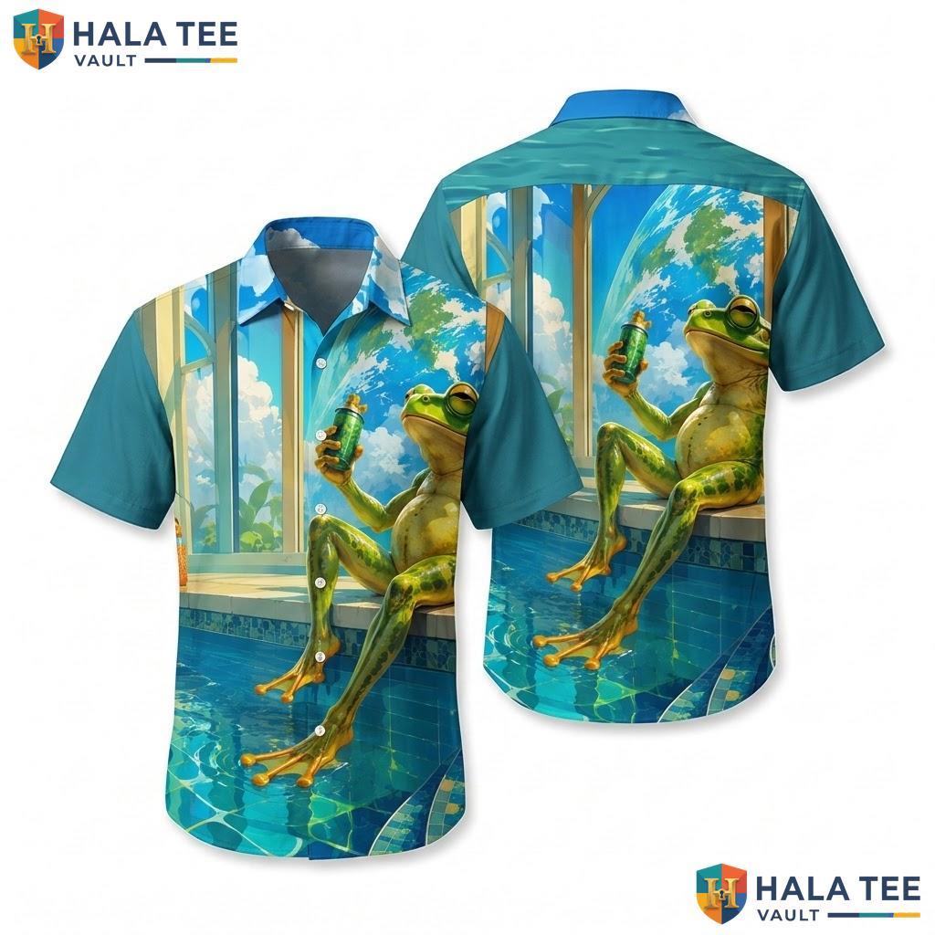 Funny Frog Pool Aloha Shirt Vibrant Graphic Mens Tropical Casual Button Down