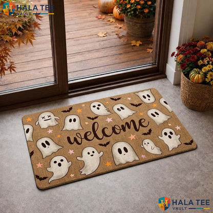 Funny Ghost Bat Fall Doormat Beige Welcome Mat Playful Spooky Entry Decor