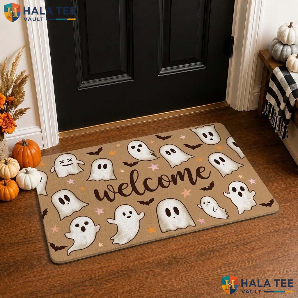 Funny Ghost Bat Fall Doormat Beige Front door mat Playful Spooky Entry Decor