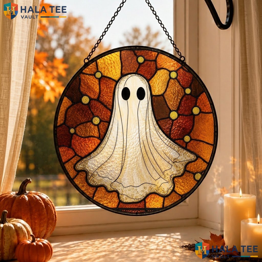 Funny Ghost Halloween Stained Glass Suncatcher Whimsical Gothic Room Accent