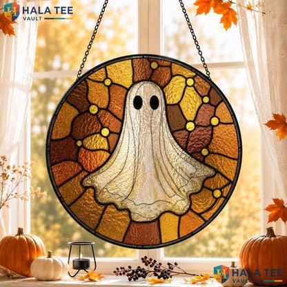 Funny Ghost Halloween Stained Glass Suncatcher Whimsical Gothic Room Accent Adult