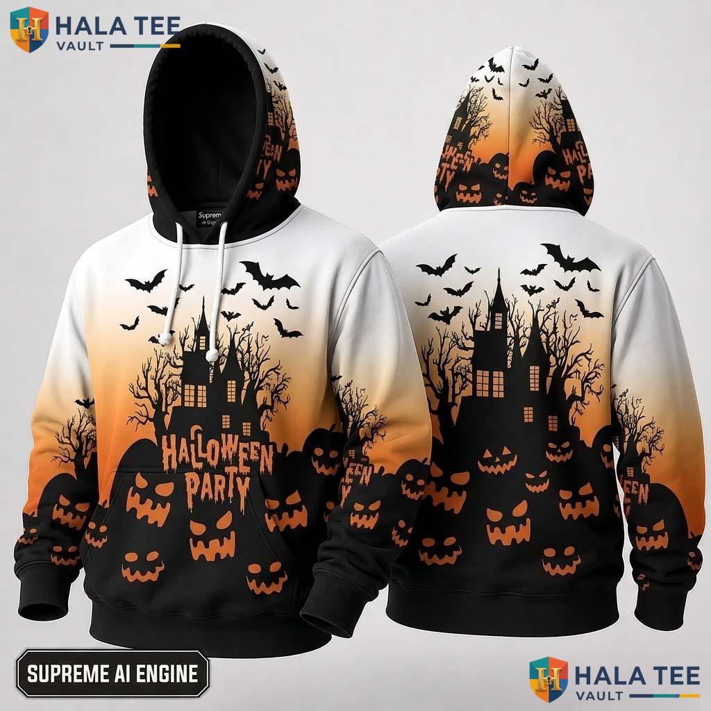 Funny Haunted House 3D Hoodie Spooky Jack O Lantern Halloween Graphic