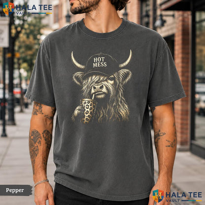 Funny Highland Cow Comfort Colors T-Shirt Cute Hot Mess Coffee Graphic Top
