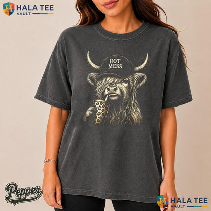 Funny Highland Cow Comfort Colors Shirt Cute Hot Mess Coffee Graphic Top