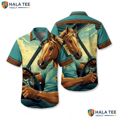 Funny Horse Driving Aloha Shirt Vibrant Tropical Mens Casual Beach Wear
