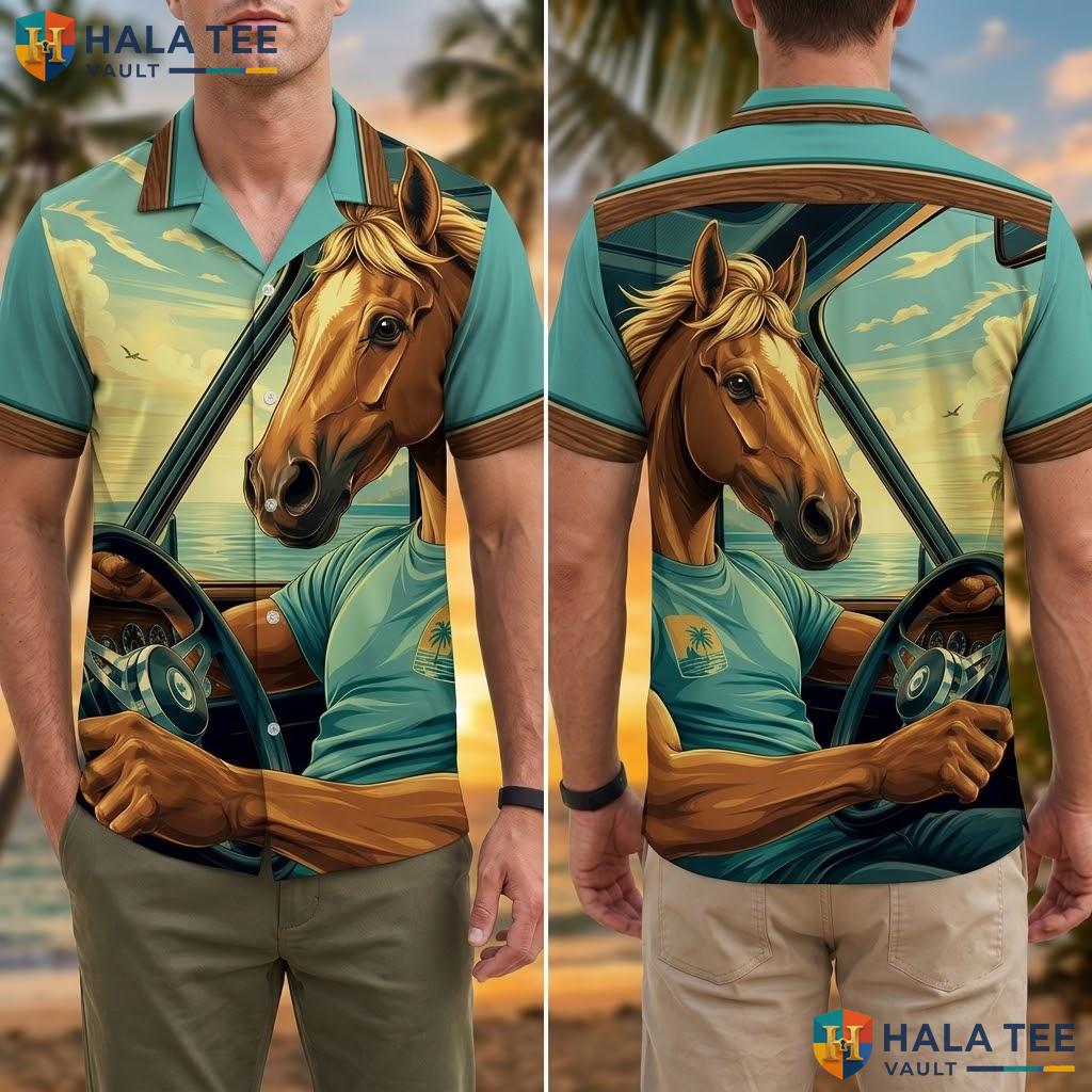 Funny Horse Driving Aloha Shirt Vibrant Tropical Mens Casual Beach Wear Adult