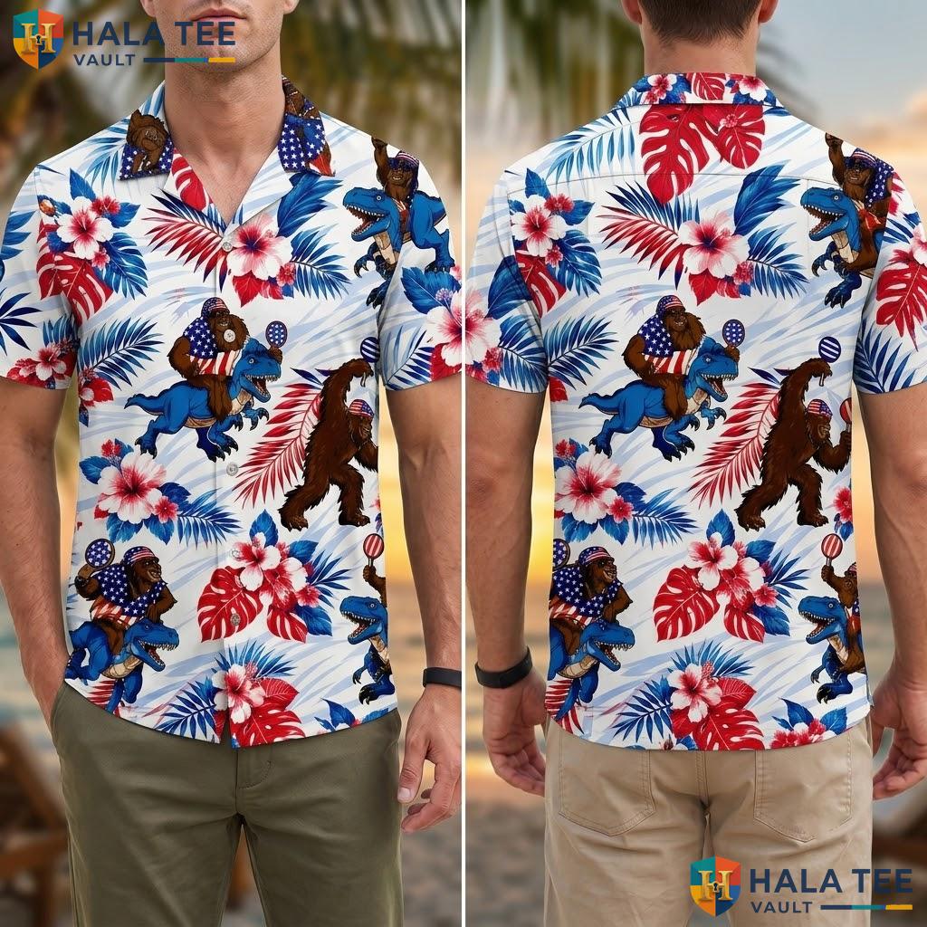 Funny Monkey Dinosaur Hawaiian Shirt Vibrant Tropical Beach Party Summer Top Adult