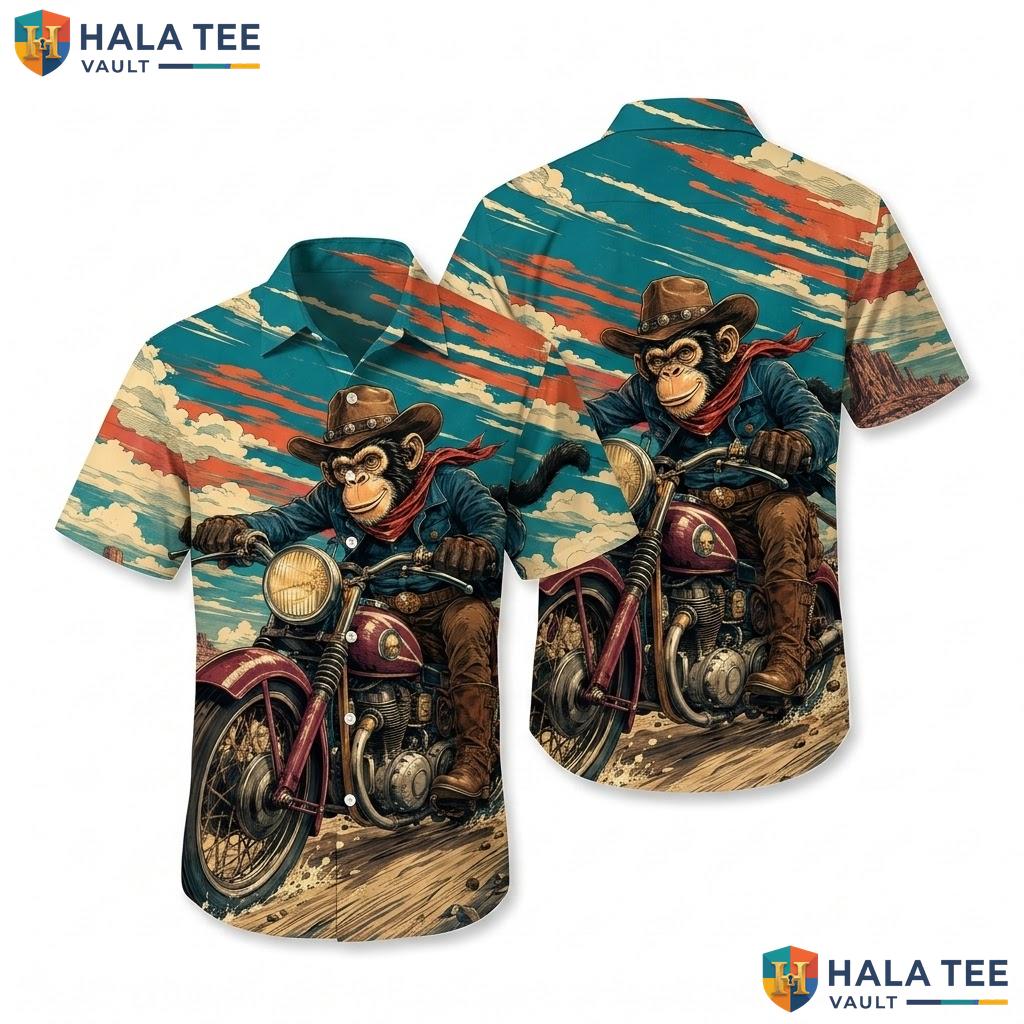 Funny Motorcycle Monkey Aloha Shirt Vibrant Graphic Print Summer Vacation