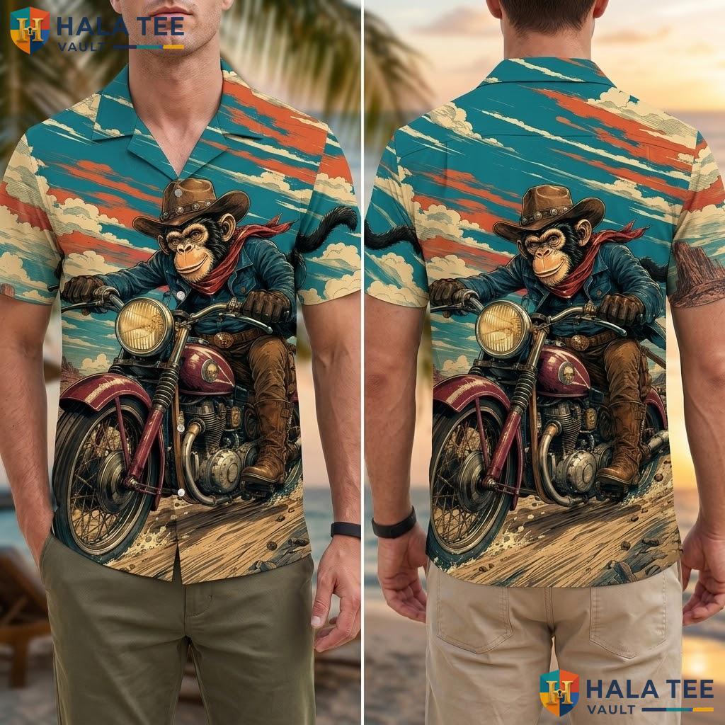 Funny Motorcycle Monkey Aloha Shirt Vibrant Graphic Print Summer Vacation Adult