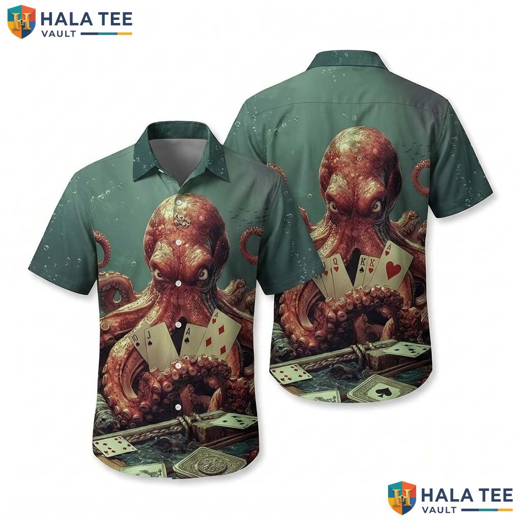 Funny Octopus Graphic Aloha Shirt Playful Card Design Mens Summer Apparel