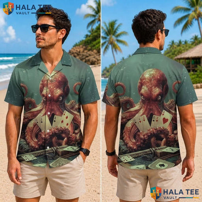 Funny Octopus Graphic Tropical Shirt Playful Card Design Mens Summer Apparel