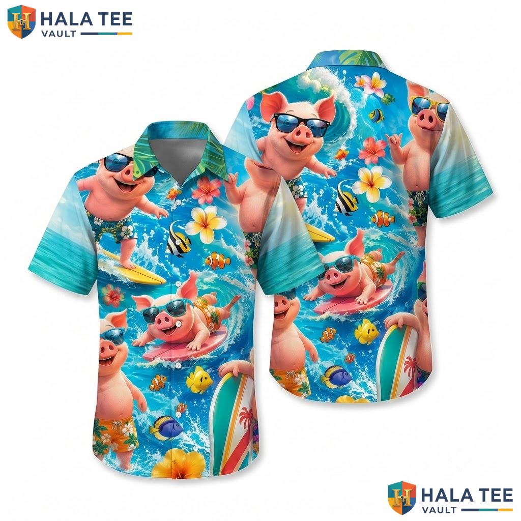 Funny Pig Beach Hawaiian Shirt Vibrant Cartoon Surfing Sun Beachwear Top