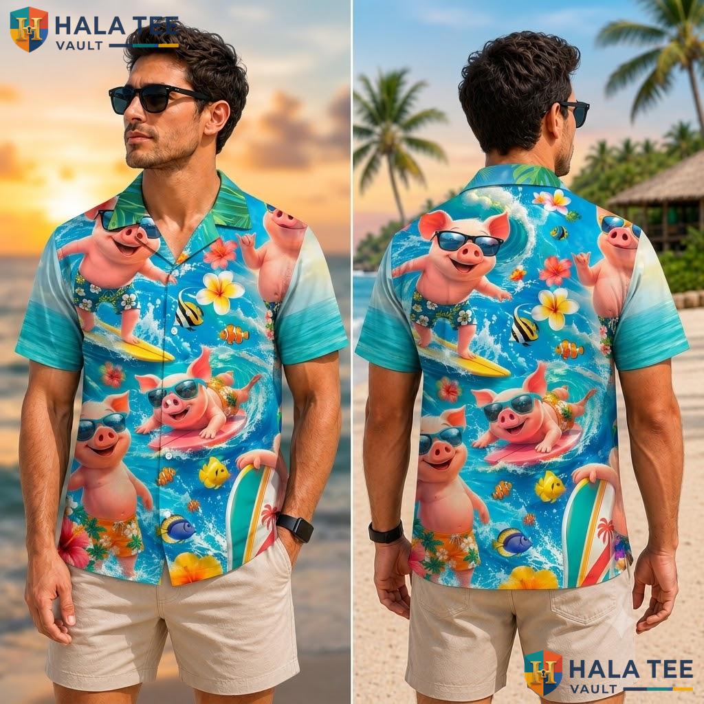 Funny Pig Beach Hawaiian Shirt Vibrant Cartoon Surfing Sun Beachwear Top Adult